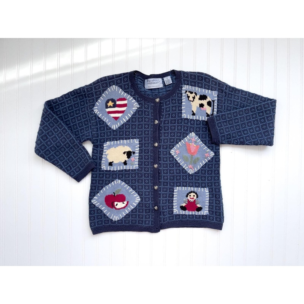 vtg Northern Isles blue Americana sheep cow hand knit cardigan sweater S‎